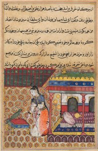 Side fra Tales of a Parrot Tuti-nama: Otteogtredive nat: Papegøjen henvender sig til Khujasta, c1560. af Unbekannt