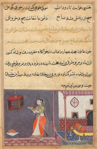 Side fra Tales of a Parrot Tuti-nama: Femogtyvende nat: Papegøjen henvender sig til Khujasta..., c1560 af Unbekannt