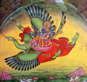 Maleri af Vishnu og hans kone Lakshmi, der rider på fugleguden Garuda af Unbekannt