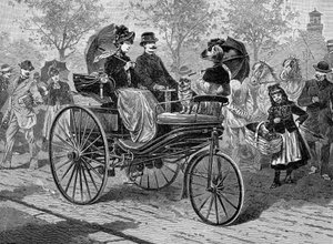 Benzindrevet bil af Benz & Co., i stand til 16 km i timen, c1890