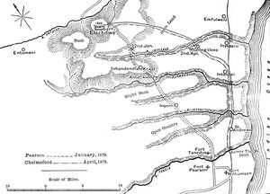 Plan over Marches of Pearson Jan. 1879 og Chelmsford april 1879 til Etschowe, c1880 af Unbekannt