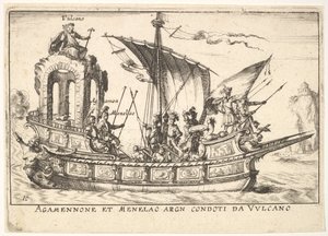 Plade 10: Agamemnon og Menelaos siddende i en båd ledsaget af andre figurer, inklusive V..., 1664. af Unbekannt