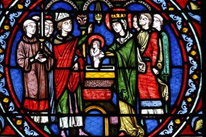 Poissy kollegiale kirke. Glasmosaik vindue. Dåb af Saint Louis, Poissy, Frankrig af Unbekannt