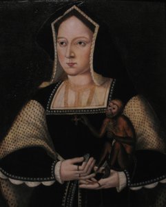Portræt af Katarina af Aragon med hendes kæledyrabe Kopi efter Lucas Horenbout, ca 1530