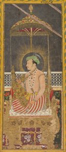 Posthumt portræt af kejser Jahangir under en baldakin recto, kalligrafi verso, ca. 1650. af Unbekannt
