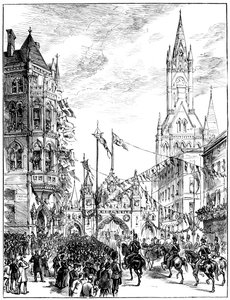 Procession nærmer sig Rådhuset, Manchester, 1887 af Unbekannt