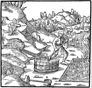 Fremstilling af salt ved at fordampe naturlig saltlage ved at hælde den i en grube med brændende trækul, 1556 af Unbekannt