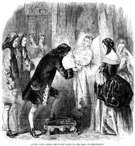 Dronning Anne 1665-1714 overdrager den hvide stav til jarlen af Shrewsbury, c1714 af Unbekannt