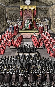 Dronning Elizabeth I i parlamentet, 1500-tallet, c1902-1905 af Unbekannt