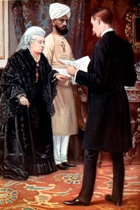 Dronning Victoria lytter til en udsendelse fra frontlinjen under Boerkrigen, 1899-1901. af Unbekannt