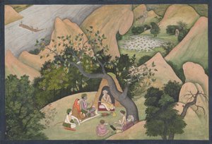 Rama, Sita og Lakshmana ved Hermitage of Bharadvaja: Illustreret folio fra..., ca. 1780. af Unbekannt