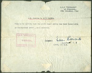 Kvittering for et tidligere japansk sværd, HMS Venerable, Singapore, 1946 af Unbekannt