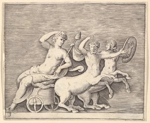 Liggende kvindefigur på en vogn tegnet af to kentaurer, udgivet ca. 1599-1622. af Unbekannt
