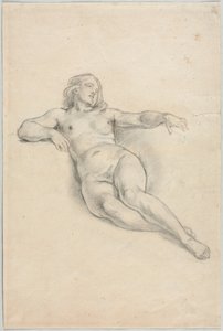 Liggende kvinde nøgen recto, forskellige skitser af figurer og planter verso, 1800-tallet.