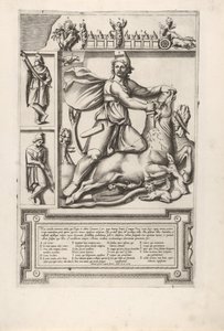 Relief med Mithras, der knæler på en tyr og slår et sværd ind i dens skulder, til venstre tw..., 1564. af Unbekannt