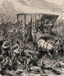 Redning af de sårede russiske soldater fra slagmarken, ca 1878 af Unbekannt