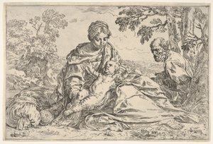 Hvil på flugten ind i Egypten, Maria holder spædbarnet Kristus sammen med St. Joseph..., ca. 1640 eller senere. af Unbekannt
