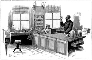 Robert Koch 1843-1910, tysk bakteriolog og læge i sit laboratorium af Unbekannt