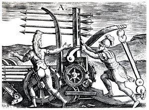 Romerske soldater, der bruger en krigsmotor, der affyrer flere pile, 1605 af Unbekannt