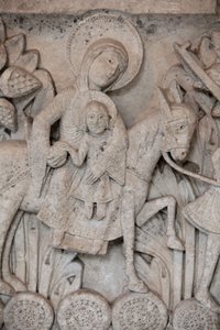 Romansk basrelief fra hovedstaden ved Autun-katedralen, der viser flugten til Egypten, Autun, Frankrig af Unbekannt