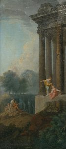 Romantisk landskab med antik ruin og personale af Unbekannt