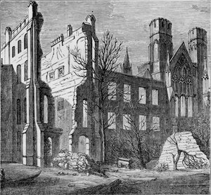Ruiner af parlamentets huse efter branden i 1834, c1850