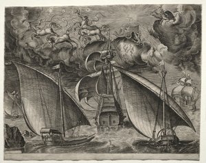 Sejlfartøjer: To Galejer, der sejler bag en bevæbnet tre-mester med Phaeton..., 1561-65. af Unbekannt
