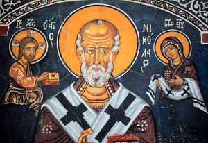 Sankt Nikolaus omgiver Kristus og Maria Byzantinsk freskomaleri fra det 14. århundrede (1332) Nathex, sydvæg Phorbiotissa Jomfrukirke, Asinou Unesco-sted Troodos-regionen, Cypern af Unbekannt