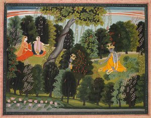 Sakhi overtaler Radha til at møde Krishna, fra Lambagraon Gita Govinda..., ca. 1820-1825. af Unbekannt