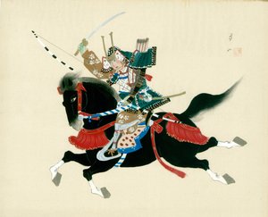Samurai Warrior rider på en hest. Et japansk maleri på silke, i traditionel japansk stil af Unbekannt