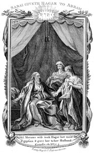 Sarah, Abrahams kone, der er ufrugtbar, tilbyder Hagar sin tjenestepige til sin mand, c1804 af Unbekannt