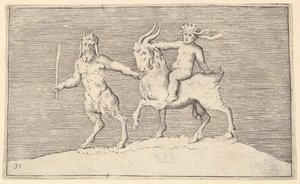 Satyr Leading Goat, som et spædbarn rider på, udgivet ca. 1599-1622. af Unbekannt