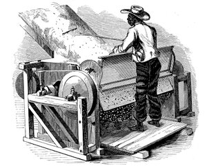 Saw gin til rensning af bomuld, der drives af barfodet sort arbejder, det sydlige USA, 1865 af Unbekannt