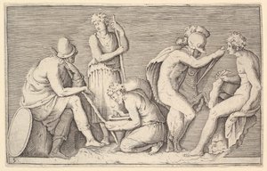 Scene of Sacrifice med Warrior Killing Ram og fire andre figurer, udgivet ca. 1599-1622. af Unbekannt