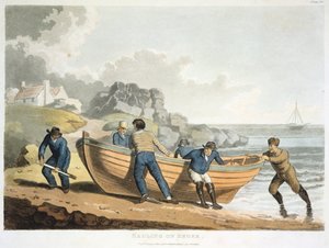 Sømænd, der trækker en klinkbygget jolle op på kysten, 1821 af Unbekannt