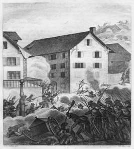 Andet slag ved Zürich, kampscene ved Centralen, 1799 af Unbekannt
