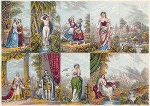 Serie af visninger og figurer, herunder et portræt af dronning Victoria og prins Albert, 1851 af Unbekannt