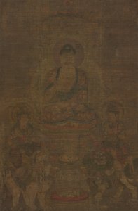 Shakyamuni Triad: Buddha overværet af Manjushri og Samantabhadra, ca. 900. af Unbekannt