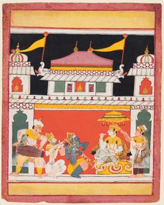 Shri Raga, fra en Ragamala-serie, Tre musikere optræder foran en adelig, ca. 1650. af Unbekannt