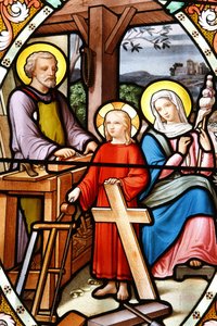 Helligdom for Vor Frue af la Salette Glasmosaikvindue Jesus i sin fars værksted, La Salette, Frankrig af Unbekannt