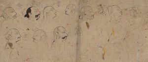 Skitseside med ansigtsstudier, sandsynligvis Maharao Kishor Singh, ca. 1830. af Unbekannt