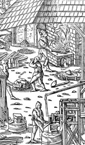 Smeltejern og hamrende stænger med en mekanisk hammer, 1556 af Unbekannt