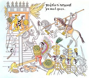 Spanish conquistadors with their native Tlazcalan allies attacking an Aztec temple, 16th century af Unbekannt