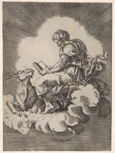 St. Luke, siddende på en sky med en åben bog i begge hænder, en tyr liggende på hans gebyr..., efter 1518. af Unbekannt
