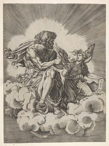 St. Matthew, siddende på en sky med benene over kors og dyppede en fjerpen i et blækhus... efter 1518. af Unbekannt