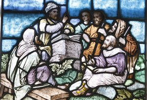 Glasmaleri: Abraham studerer Toraen med Israels folk, Budapest, Hongrie af Unbekannt