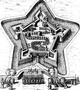 Stjernefortet forsvaret af en voldgrav under belejring, 1617-1619 af Unbekannt