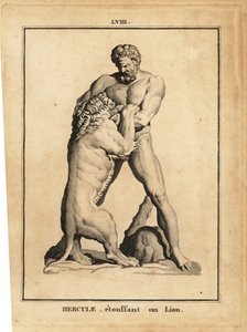 Statue af Hercules, romersk helt og gud, der kvæler en løve af Unbekannt