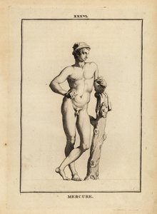 Statue af Merkur, romersk gud for handel og kommunikation, i bevinget hat petasos med gedeskind af Unbekannt