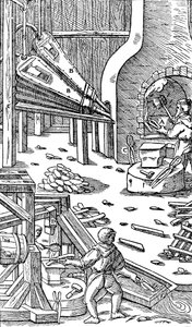 Stålproduktion: en smedje med bælg til at producere træk, 1556 af Unbekannt